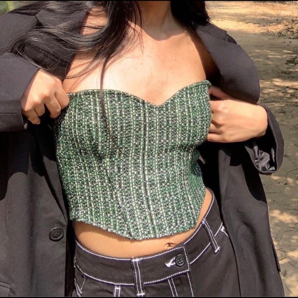 Zara Green Tweed Sweetheart Cropped Corset Top – Size M